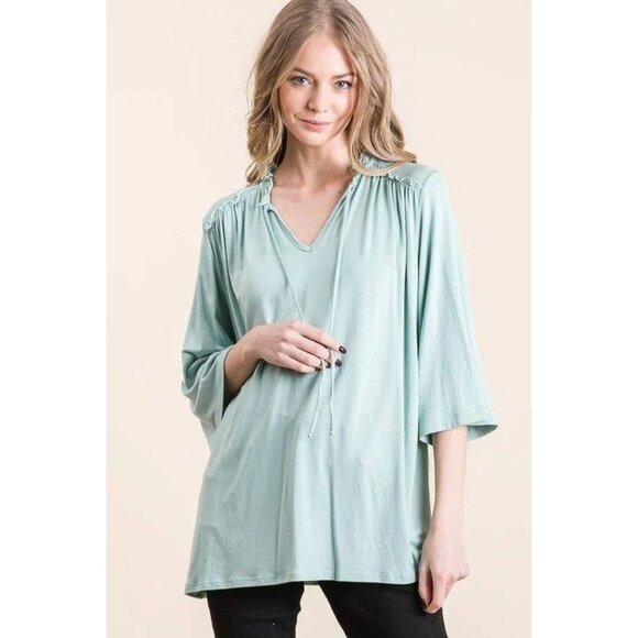 3/4 Sleeve Ruffle Tunic Top Green Women's Shirt Medium - Picture 1 of 5